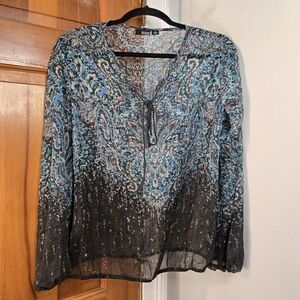 a.n.a Sheer Top with Blue and Black Pattern Sz M